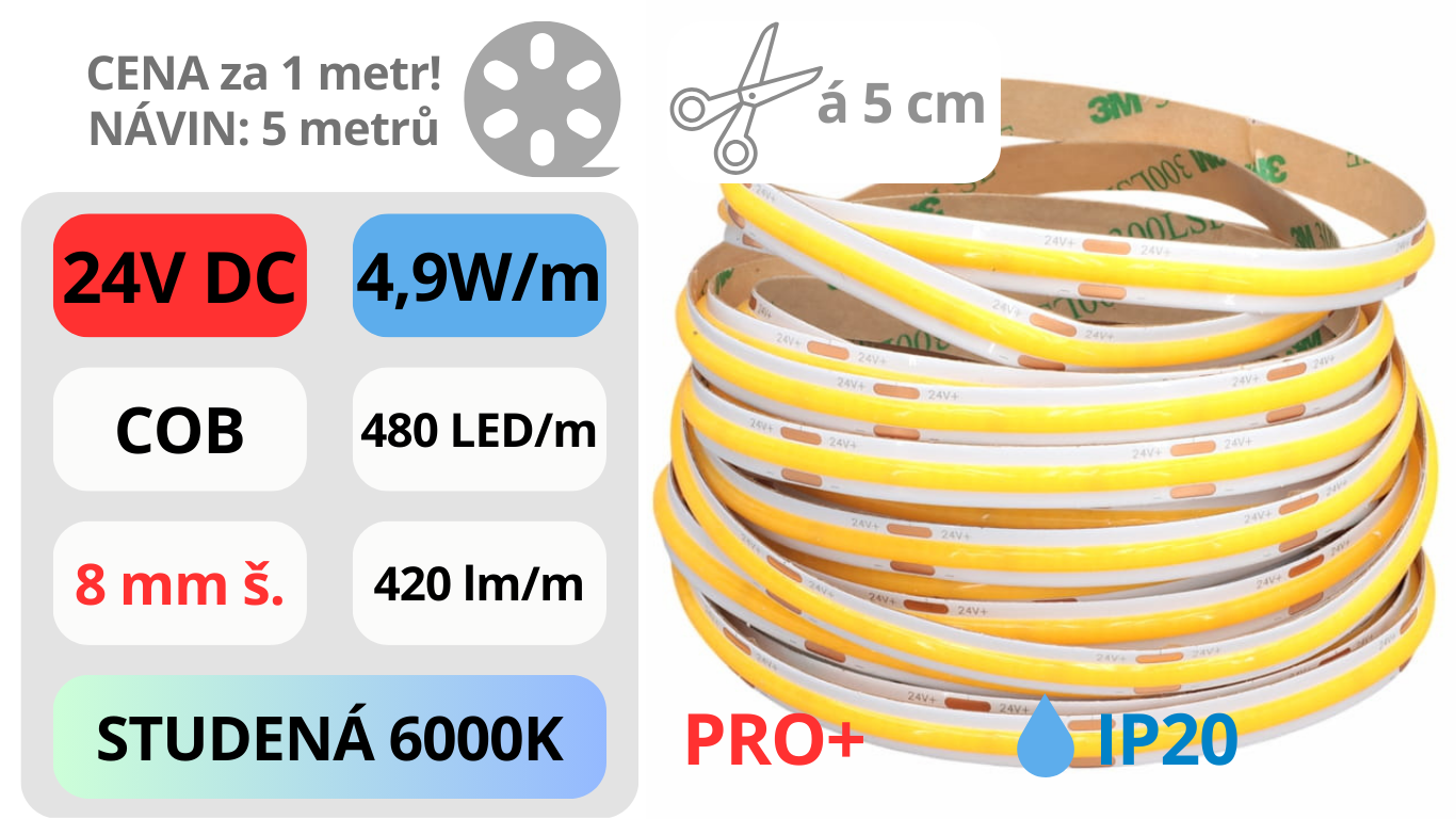 LED pásek COB 24V / 480LED / 4,9W / 6000K / IP20 / 8mm / PRO+